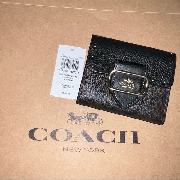 NWT COACH CF471 Morgan Wallet In Signature Canvas w Rivets Brown/Black Authentic - Picture 1 of 8